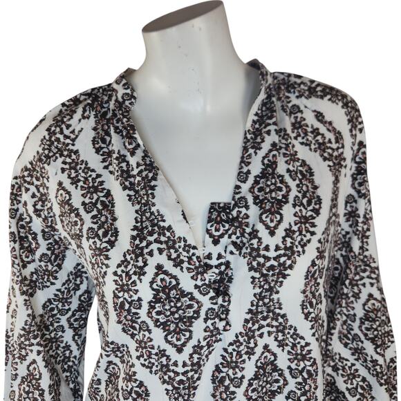 Belle by Kim Gravel Floral Ikat Blouson Sleeve Blouse Hot Fudge XX-Small - Picture 2 of 15